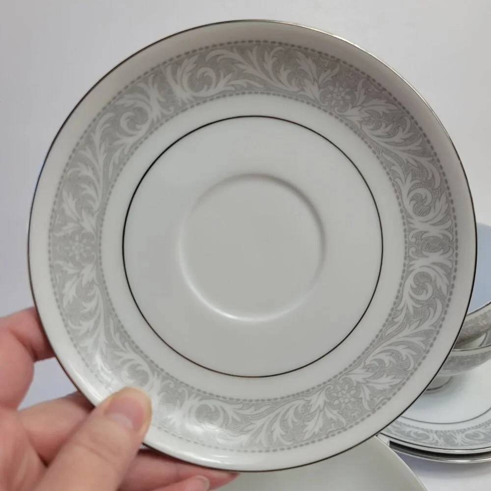 FOUR Imperial China Whitney Cup & Saucers White Gray Band Leaf Scrolls W. Dalton